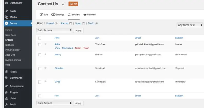 View of Gravity Forms entries in the dashboard