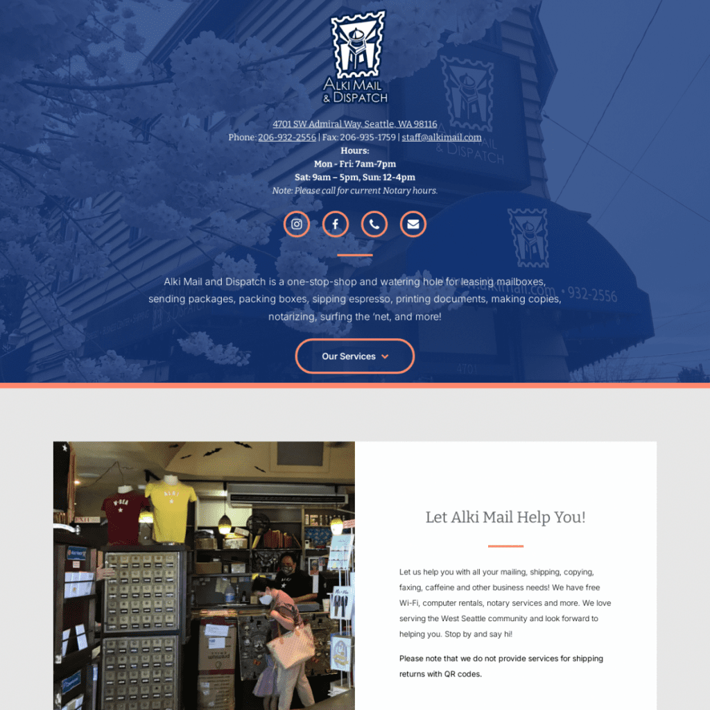 Screenshot of Alki Mail & Dispatch's website featured in a Web Design Portfolio, displaying their logo, contact info, business hours, store interior photo, and a brief overview of their mailing and business services.