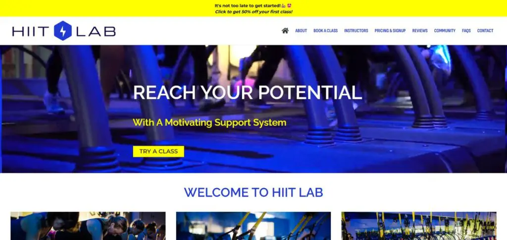 A website homepage for HIIT LAB showcasing gym equipment, a call to action to try a class, and navigation links at the top—perfect inspiration for your Web Design Portfolio.