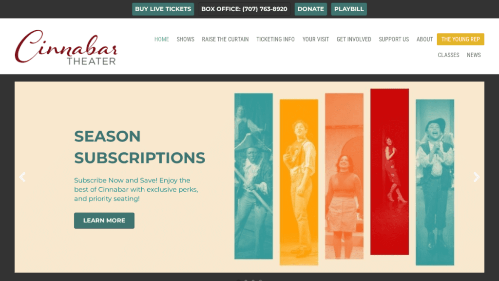 Screenshot of the Cinnabar Theater website homepage, featured in a Web Design Portfolio, displaying a banner about season subscriptions and vertical colored panels with images of performers.