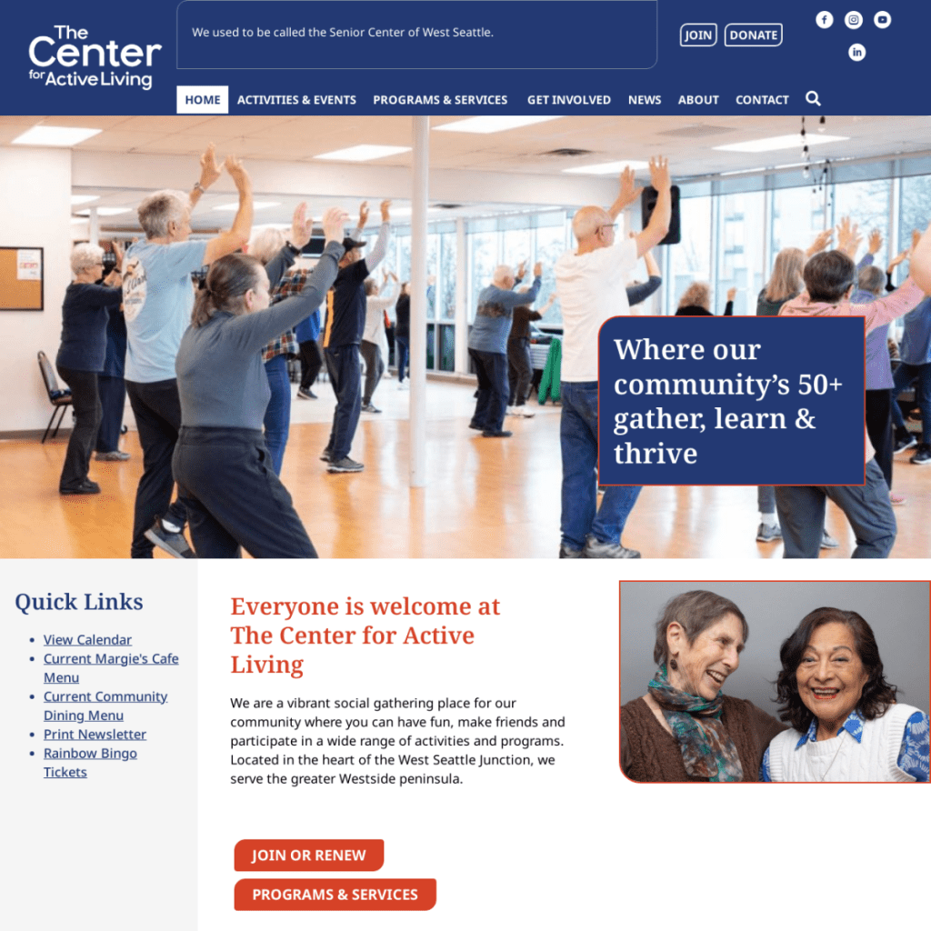 Older adults participate in an indoor exercise class while an adjacent banner reads, “Where our community's 50+ gather, learn & thrive,” at The Center for Active Living, featured on our Web Design Portfolio.