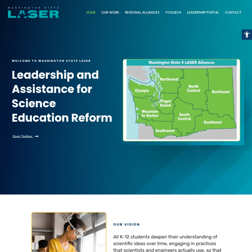 Screenshot of the Washington State LASER website homepage, featured in a Web Design Portfolio, displaying a map of regional alliances and the heading "Leadership and Assistance for Science Education Reform.