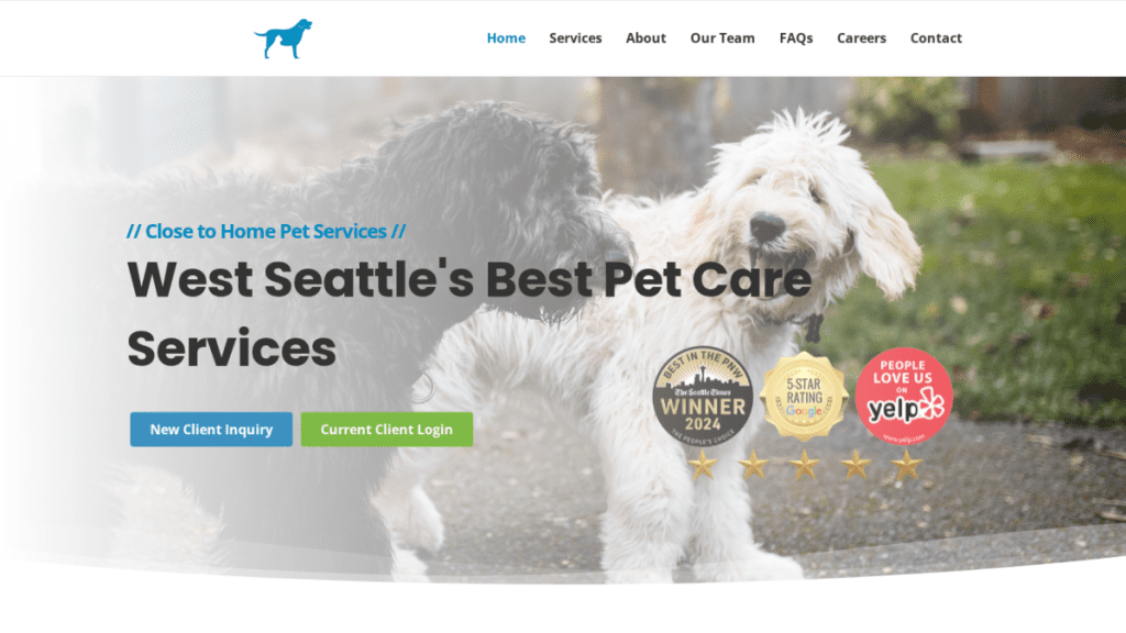 Two dogs playing outside with badges for awards and reviews; overlay text promotes West Seattle pet care services, highlights our Web Design Portfolio, and includes navigation and client login buttons.