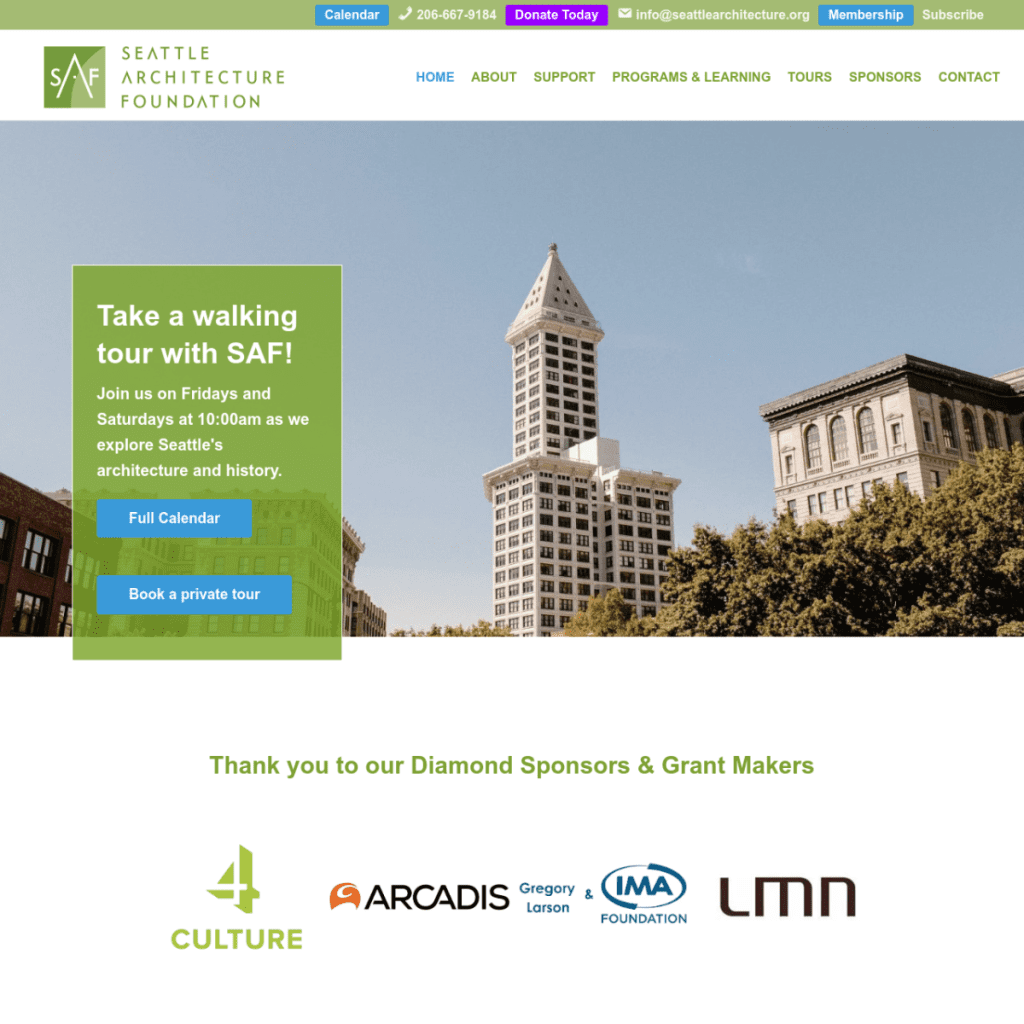 Seattle Architecture Foundation website homepage, featured in our Web Design Portfolio, displays the iconic Smith Tower, highlights a walking tour promotion, and showcases sponsor logos at the bottom.