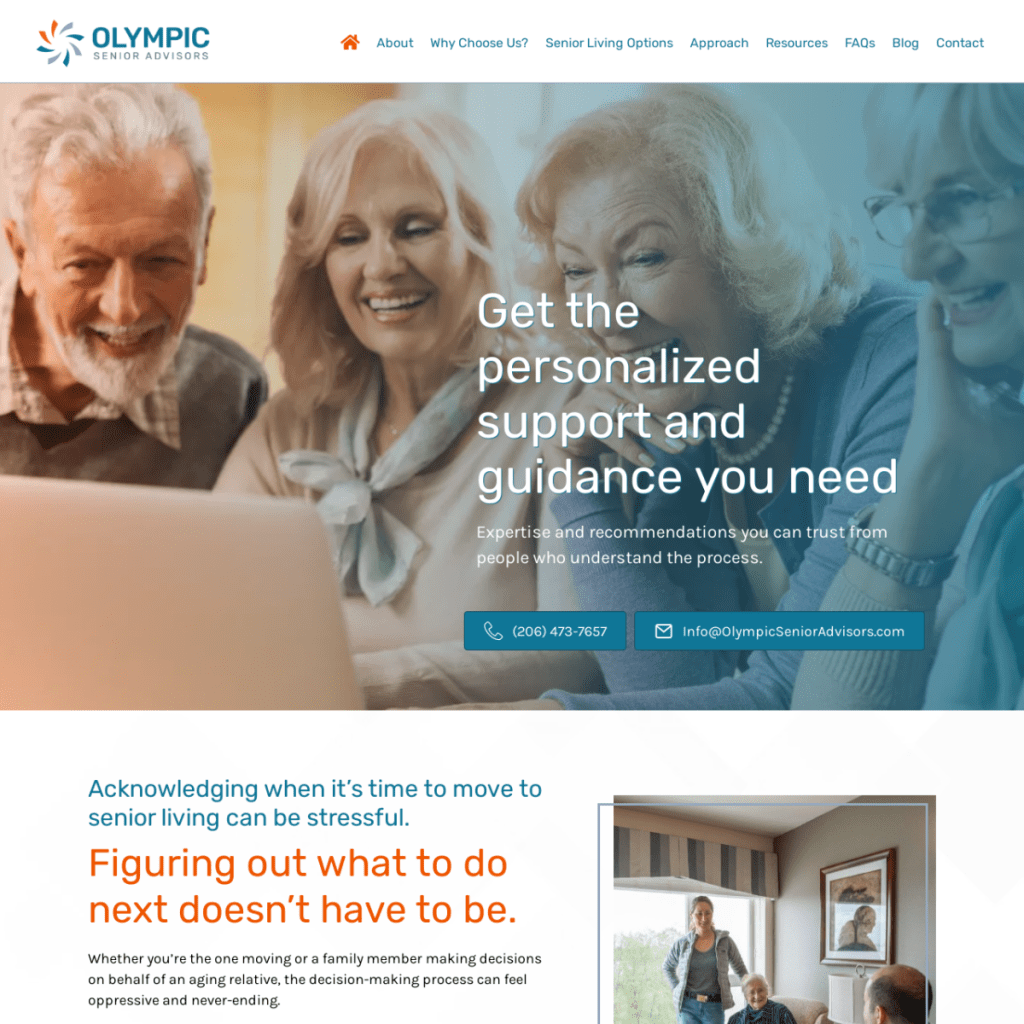 Three seniors sit together smiling at a laptop. Text reads: "Get the personalized support and guidance you need." Company branding for Olympic Senior Advisors is visible, highlighting their commitment to seniors—explore our web design portfolio for more.