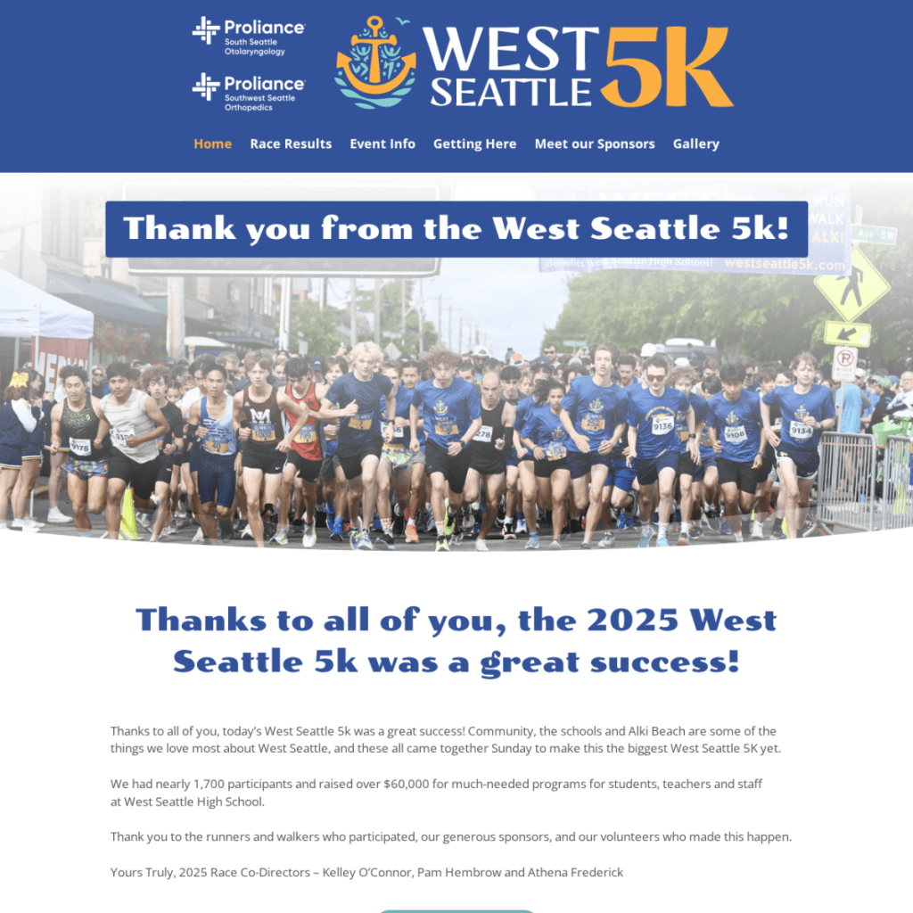 A group of runners crosses the starting line at the West Seattle 5k event, with a large banner and spectators in the background—an energetic scene perfect for showcasing in a dynamic Web Design Portfolio.