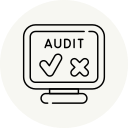Line drawing of a computer monitor displaying the word "AUDIT" above a check mark and an X mark, symbolizing audit results or review decisions for a website redesign.