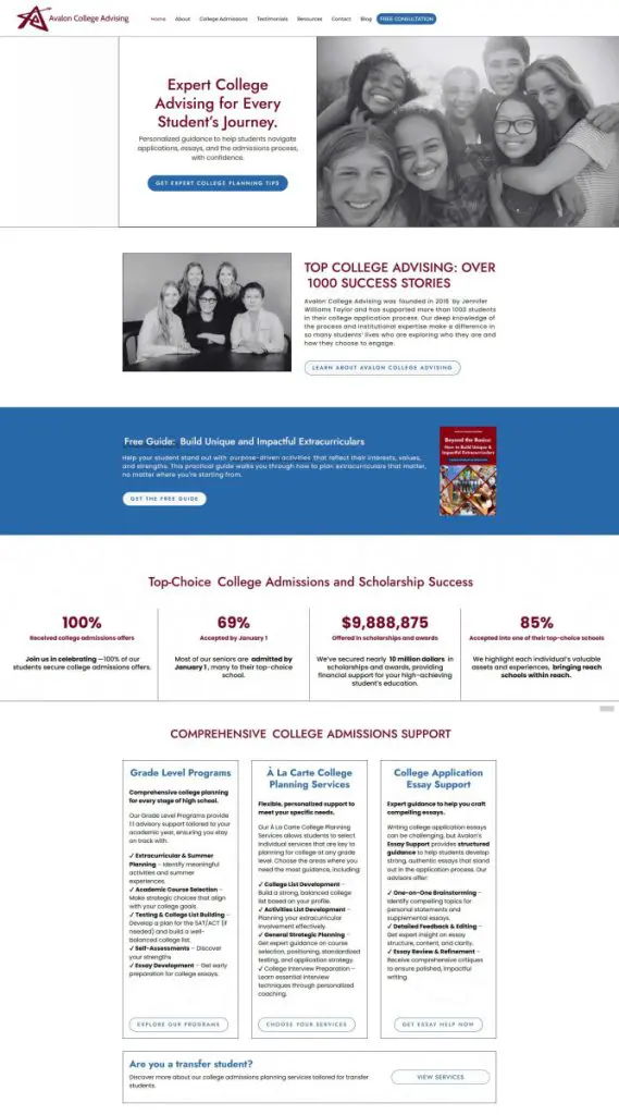 Screenshot of a college advising website from our Web Design Portfolio, displaying service details, success statistics, staff photos, and information about admissions support programs.