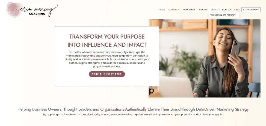 Screenshot of a coaching website from a Web Design Portfolio, featuring a woman smiling and talking on the phone with a headline about transforming purpose into influence and impact for business owners and leaders.