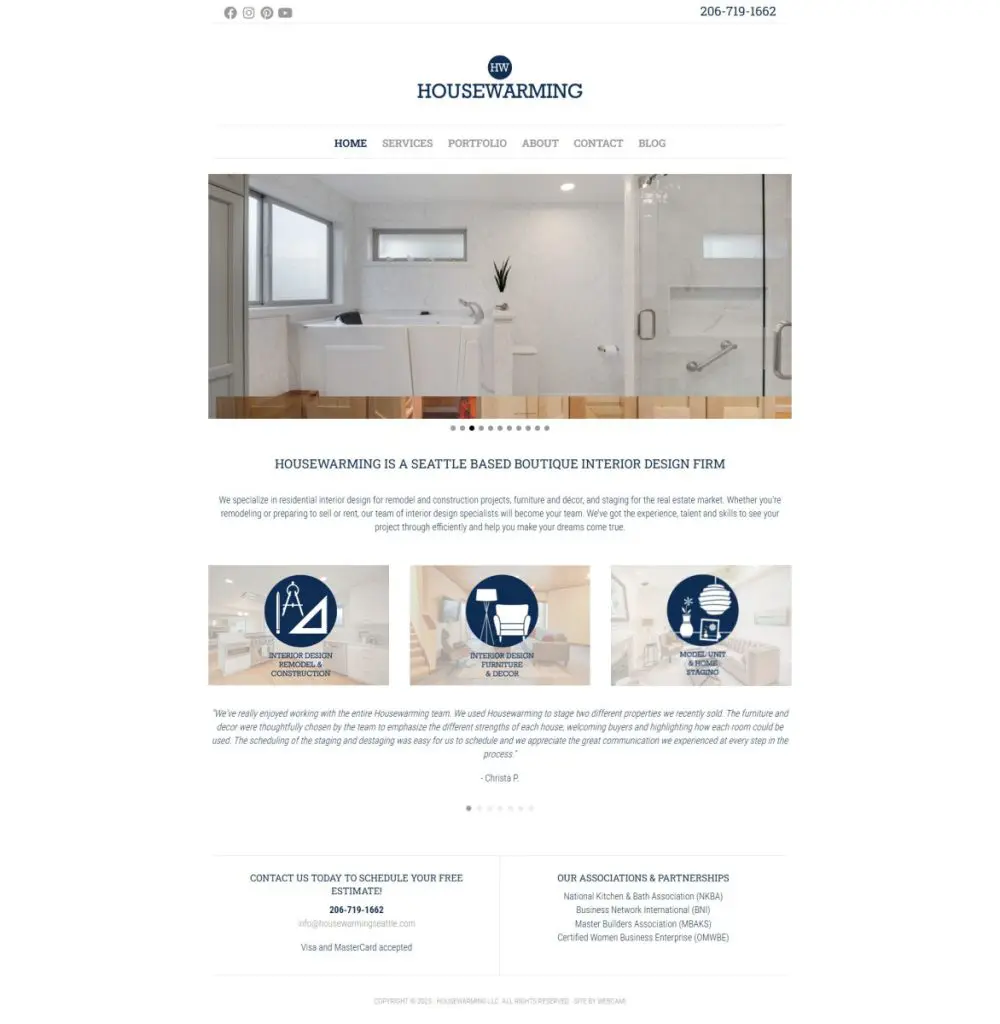 Screenshot of the homepage for Housewarming, a Seattle-based boutique interior design firm, featured in their Web Design Portfolio, with a clean white layout, navigation menu, service description, and contact info.