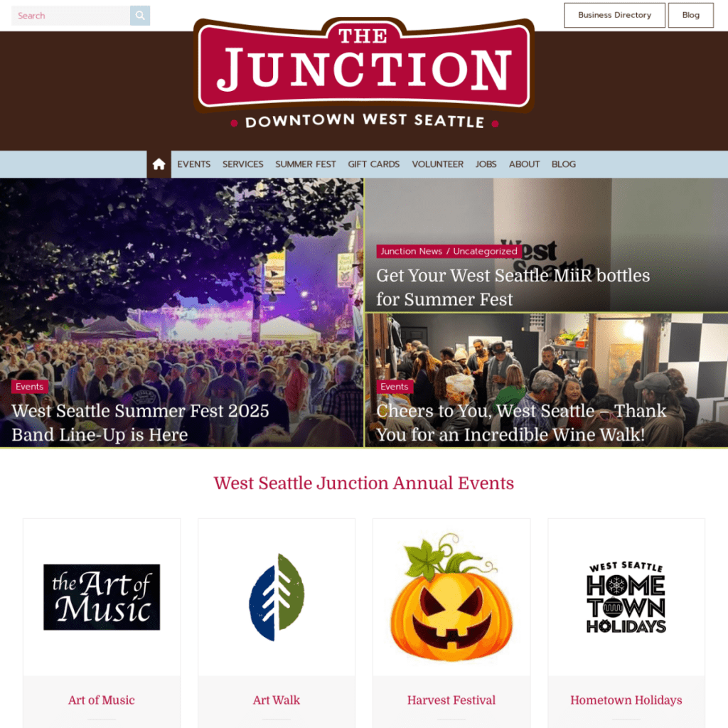 Screenshot from a Web Design Portfolio showcasing the West Seattle Junction homepage, featuring event news, annual event logos, and navigation menus for this vibrant local business and community district.
