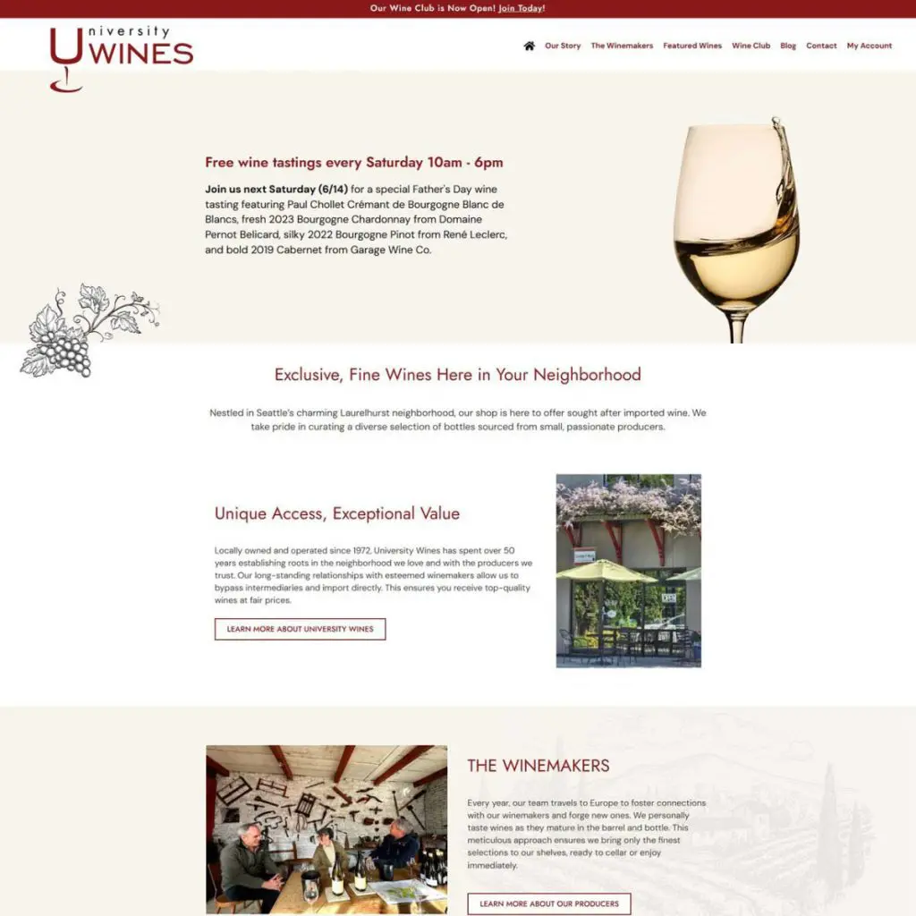 Screenshot of the University Wines website from our Web Design Portfolio, featuring info about free Saturday wine tastings, fine wine offerings, unique access, and an introduction to the winemakers.
