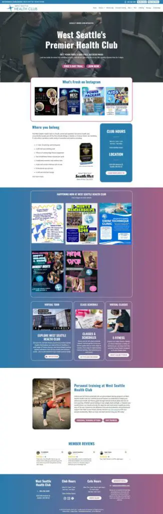 Screenshot from a Web Design Portfolio showcasing a health club website with club hours, location, Instagram feed, class schedules, virtual classes, personal training info, and member reviews on a crisp white and blue layout.