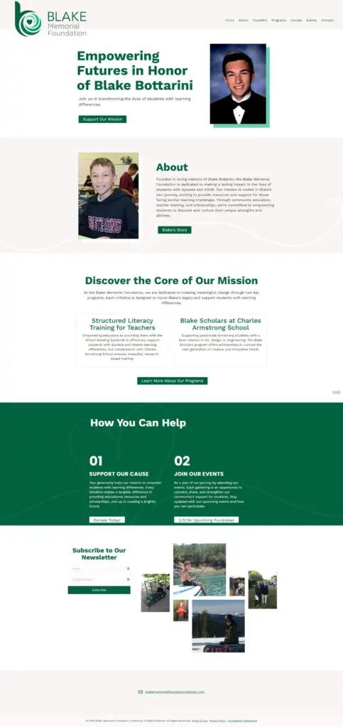 Screenshot of the Blake Bottarini Foundation website homepage, featured in a Web Design Portfolio, showcasing the foundation’s mission, ways to help, and photos of Blake Bottarini and related activities.