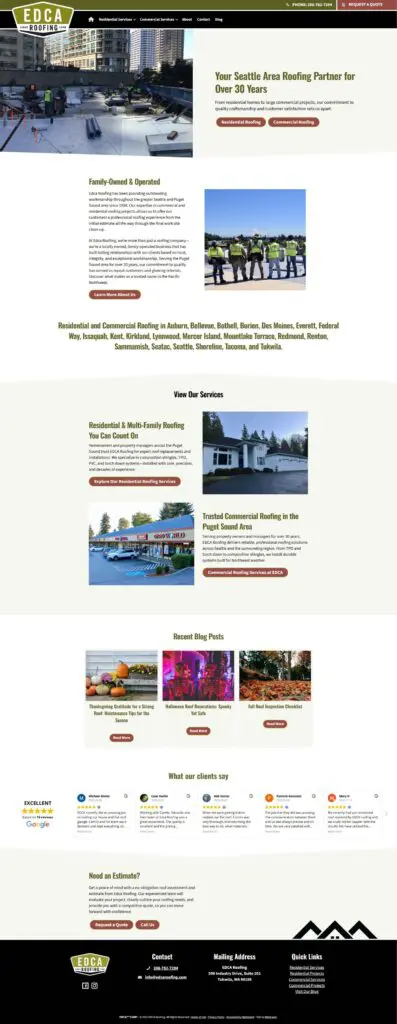 Screenshot of EDCA Roofing website homepage from our Web Design Portfolio, featuring company information, services offered, recent blog posts, customer testimonials, contact details, and navigation menus.