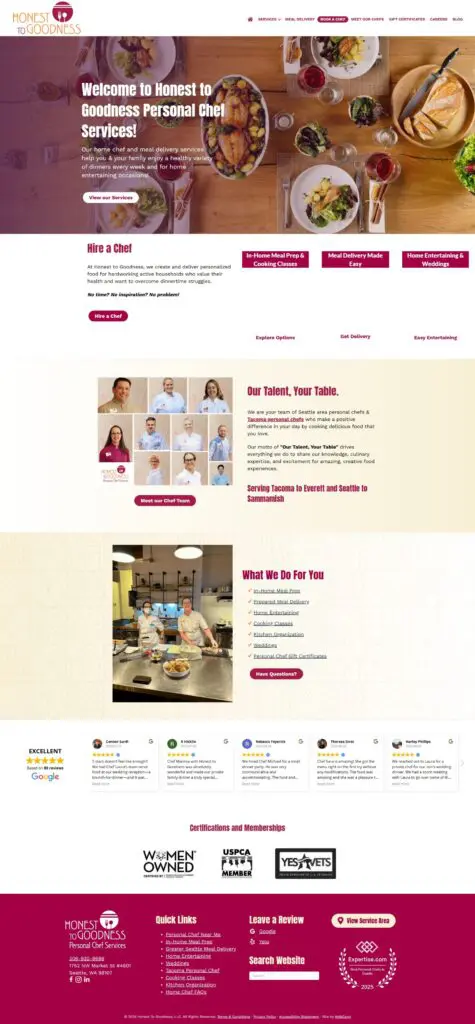 Screenshot of Honest to Goodness Personal Chef Services website homepage, showcased in a Web Design Portfolio, featuring service details, chef introductions, awards, client testimonials, and navigation menus.