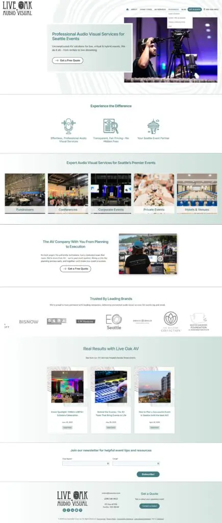 Screenshot of the Live Oak Audio Visual website homepage, showcasing their Web Design Portfolio alongside sections on services, client logos, testimonials, and examples of event projects.