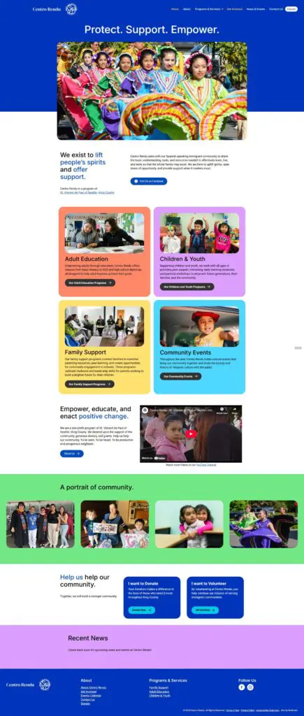 Screenshot of a community organization's website homepage featuring colorful sections on education, family support, events, and donation options, with photos of diverse people in cultural attire.