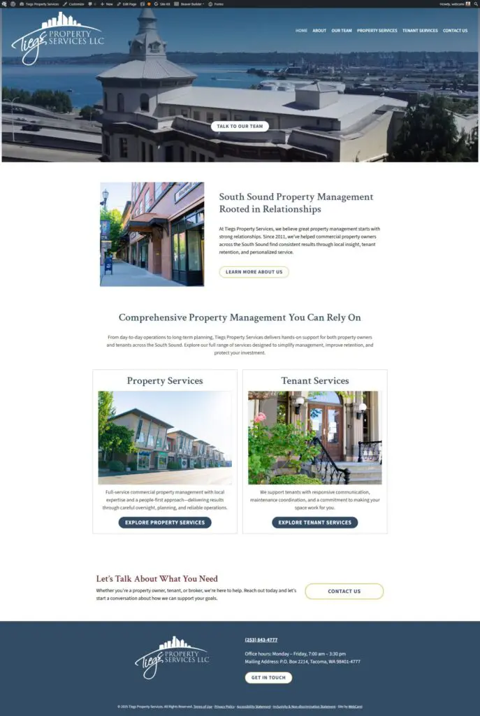 Screenshot from Targa Property Management's homepage, showcasing property management services, images of buildings, service details, contact information, and featured in the Web Design Portfolio.
