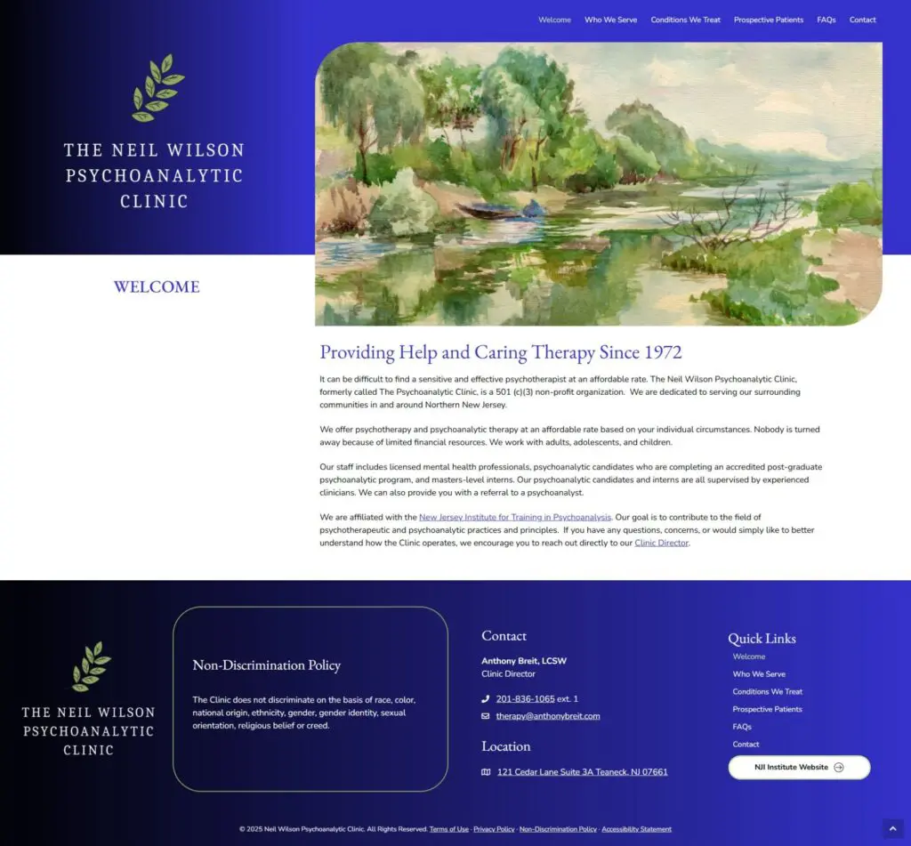 Screenshot of the Neil Wilson Psychoanalytic Clinic website from a Web Design Portfolio, featuring a watercolor landscape banner, clinic information, contact details, and navigation menu on a blue and purple gradient background.