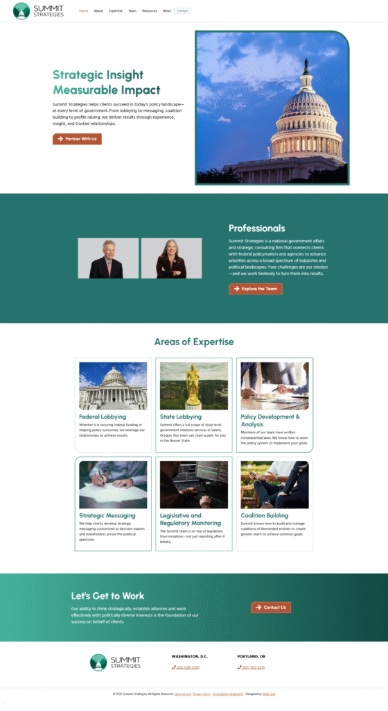 Screenshot of a professional lobbying firm's homepage, showcased in a Web Design Portfolio, featuring the U.S. Capitol, staff photos, service descriptions, and navigation links for expertise and contact.