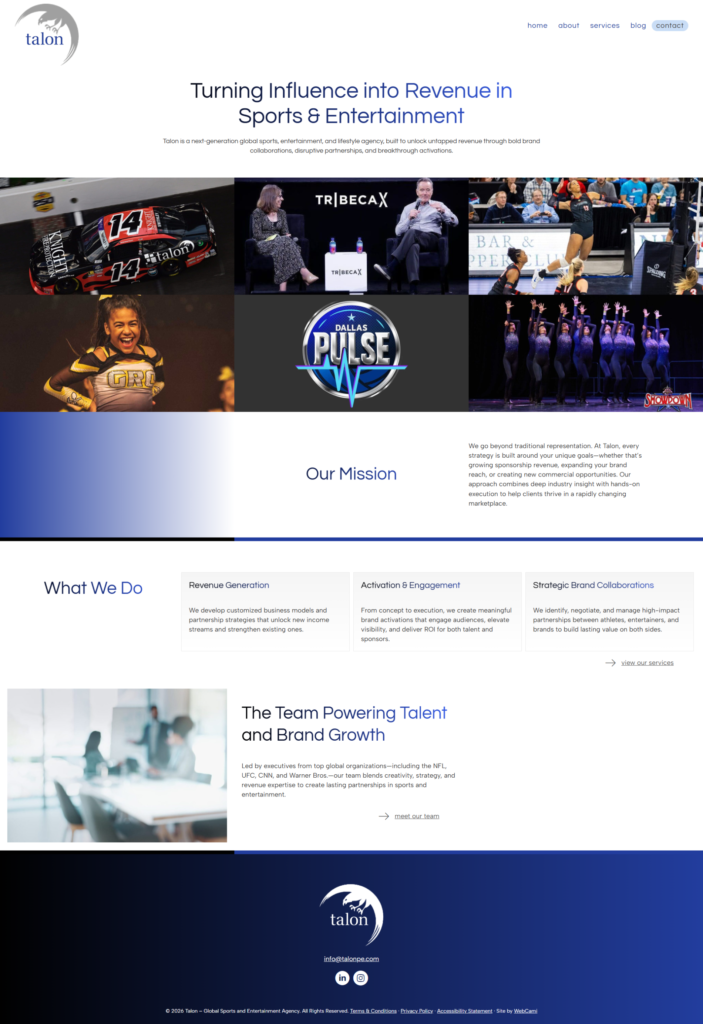 Screenshot of Talon, a sports and entertainment agency website from a Web Design Portfolio, showing the homepage with sections on services, mission, team, and images of events, performances, and partnership logos.