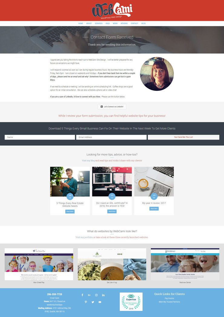 An example of an enhanced thank you page by WebCami Site Design