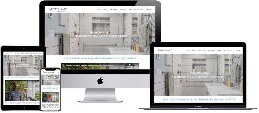 A Design and Construction website services platform showcasing universal design and green building experts based in Seattle is displayed seamlessly across desktop, laptop, tablet, and smartphone.