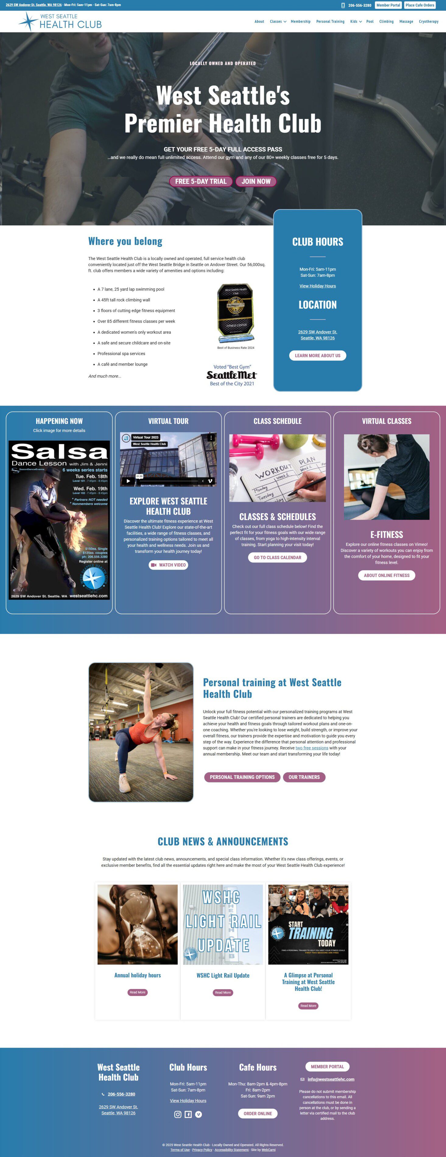 Screenshot of West Seattle Health Club's website homepage showcasing exceptional health club web design in Seattle. The site features promotional content, navigation links, class schedules, virtual tour information, and announcements.