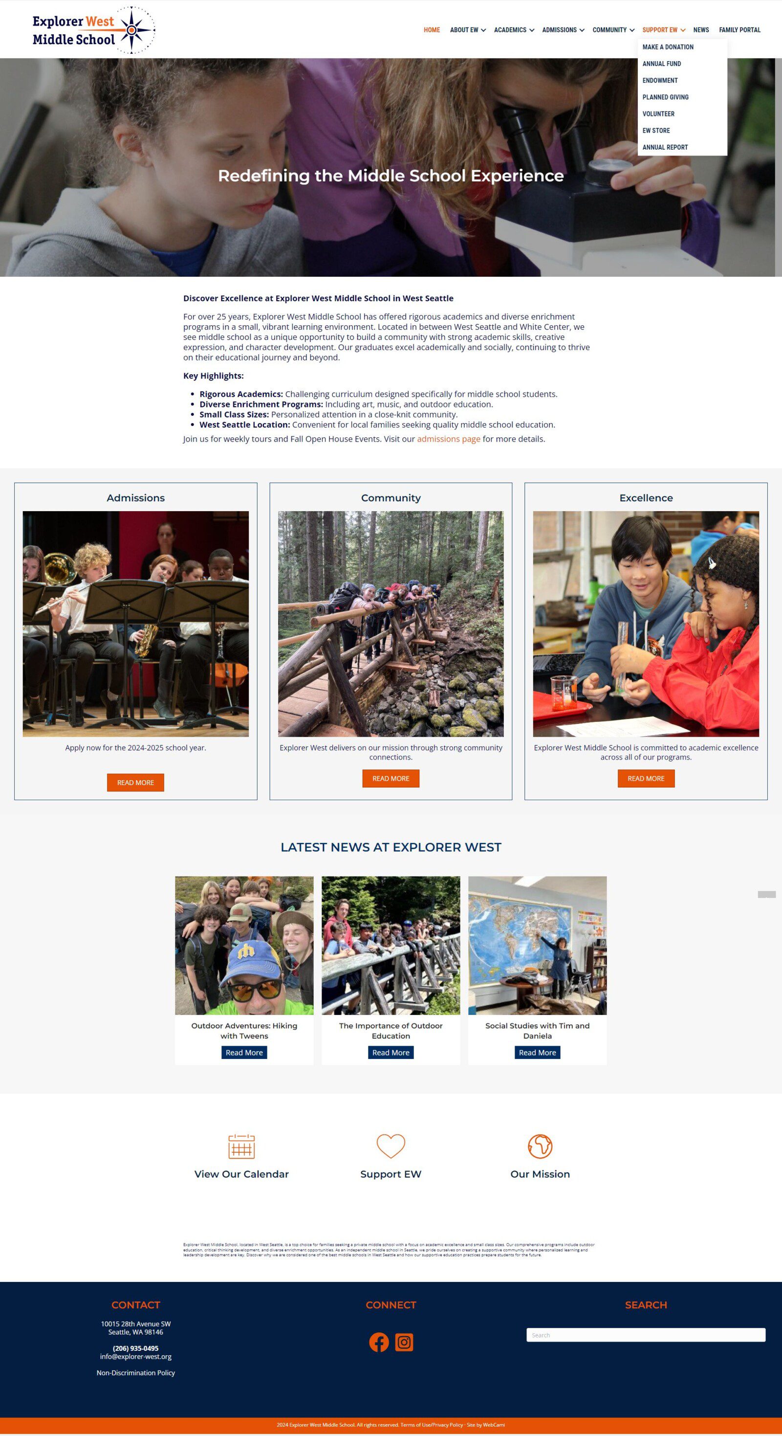 Screenshot of a private school website homepage. The page features information sections on admissions, community, and excellence, with images of students, and links to news, calendar, and support options—a fine example of thoughtful web design.