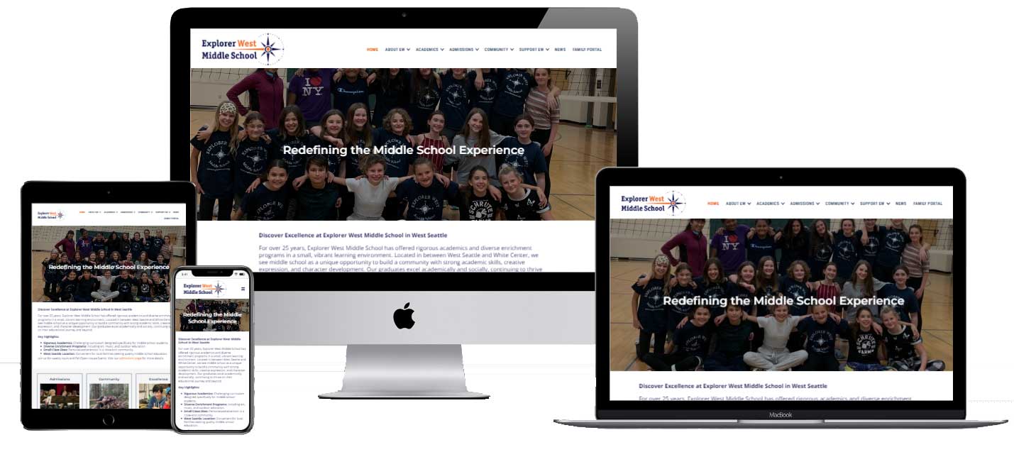 The website of Explorer West Middle School, a premiere private school, is showcased on various devices such as a desktop monitor, laptop, tablet, and smartphone. Each device features a homepage banner titled "Redefining the Middle School Experience," highlighting its exceptional web design.