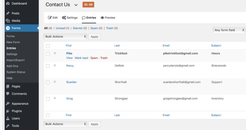 View of Gravity Forms entries in the dashboard