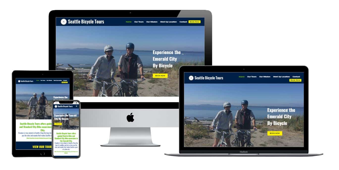 Three devices - a mobile phone and a computer - are displaying the Seattle Bicycle Tours website design.