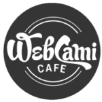 Circular logo with the text "WebCami Cafe" in stylized white lettering on a dark background.