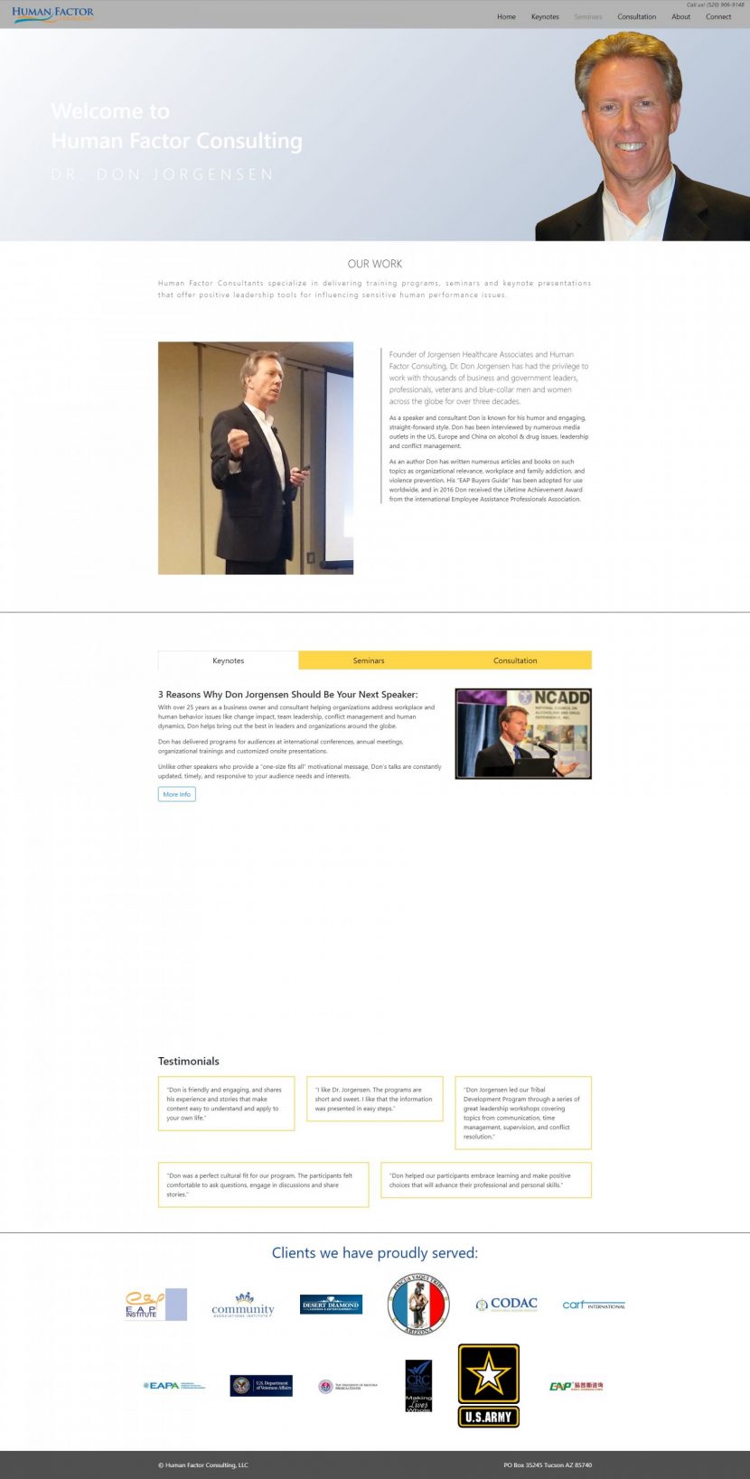 An image of a website featuring a man in a suit, emphasizing the Human Factor.