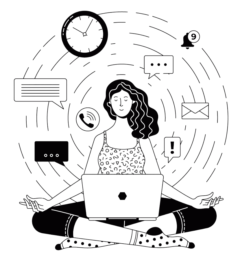 A black and white illustration of a woman meditating while using her laptop for WordPress Web Design Services.