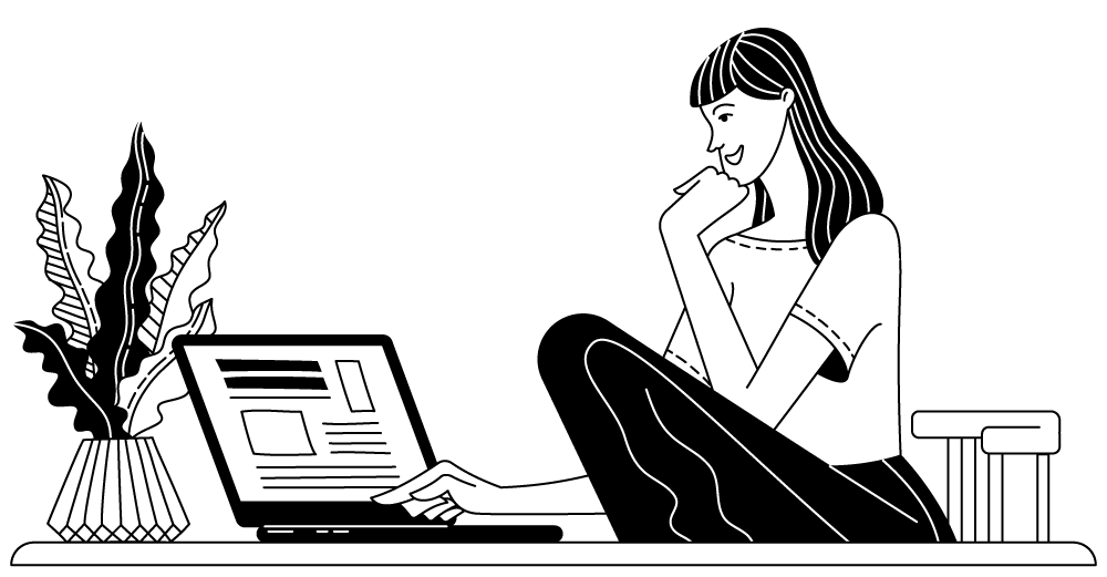 A black and white illustration of a woman working on a laptop for web design services.