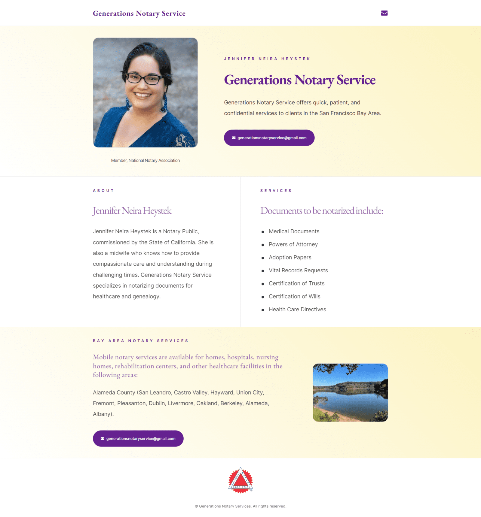 Professional notary service advertisement featuring a portrait of a smiling woman with a description of offered notary public services and document types for notarization on our Notary Website Design.