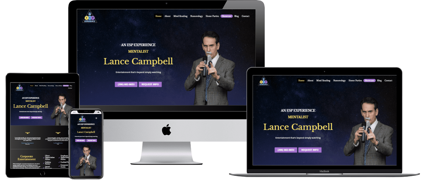 Multiple devices displaying the homepage of corporate entertainer Lance Campbell, featuring his image and performance information.