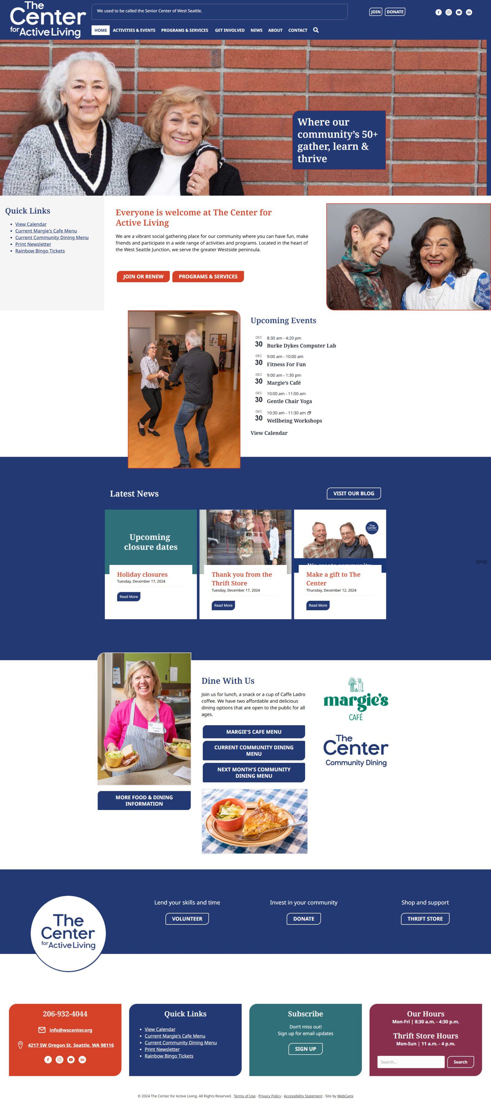 Screenshot of the Senior Center's website homepage, showcasing a welcoming design with quick links, upcoming events, the latest news section, and dining information for members.