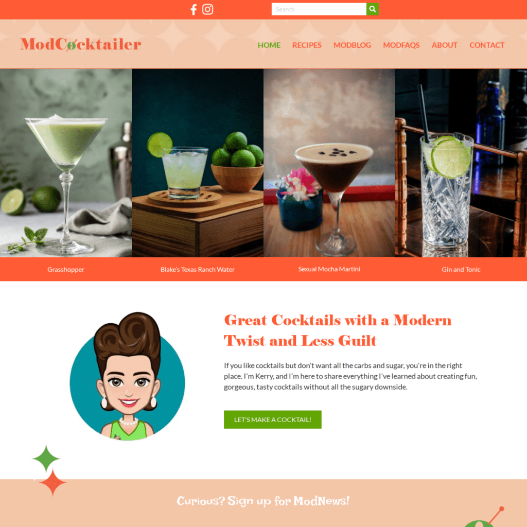 Screenshot of ModCocktailer website homepage, featured in a Web Design Portfolio, showcasing four cocktail images, a welcome message about low-sugar recipes, and navigation links at the top.