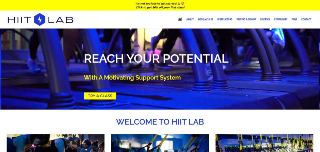 A website homepage for HIIT LAB showcasing gym equipment, a call to action to try a class, and navigation links at the top—perfect inspiration for your Web Design Portfolio.