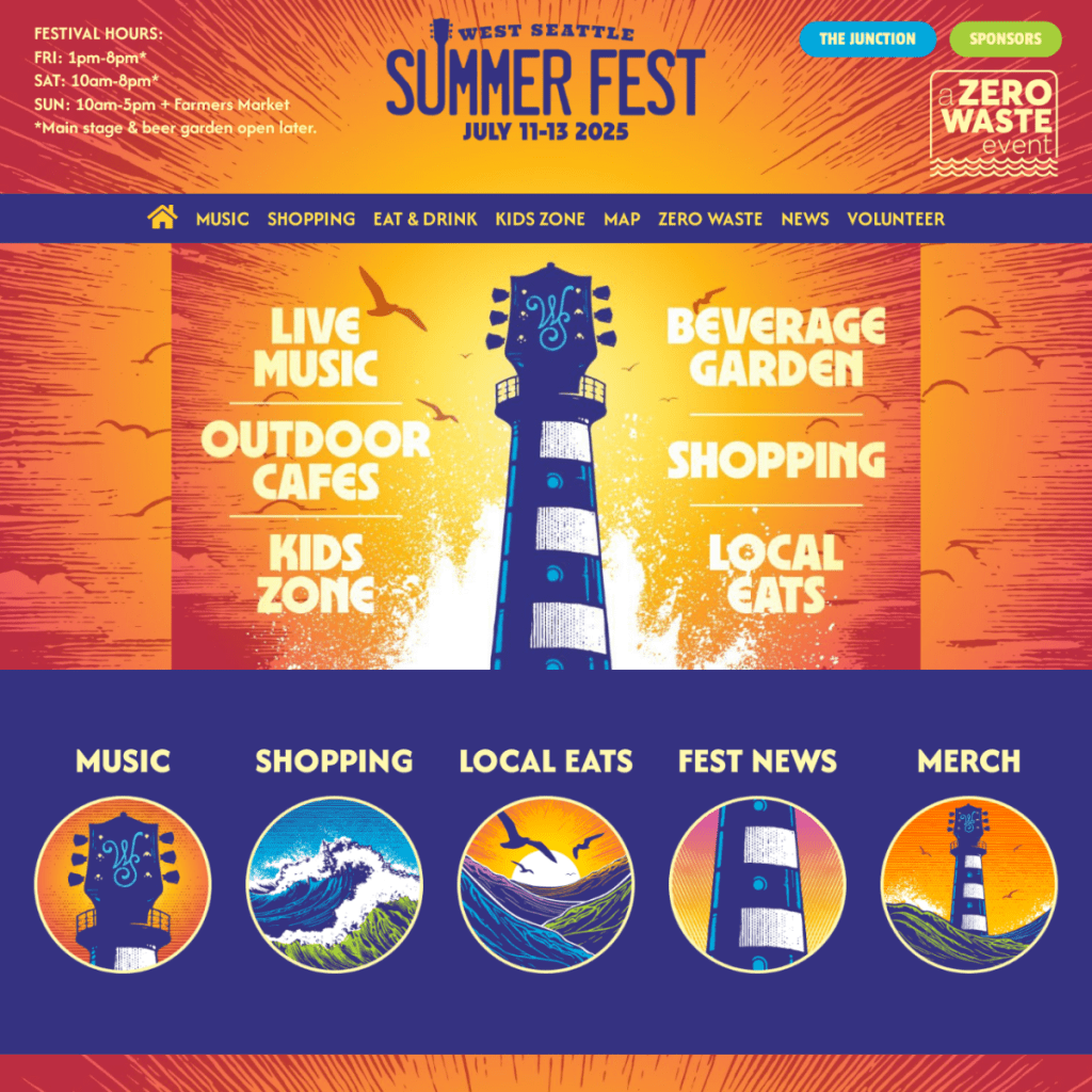Colorful illustrated webpage from my Web Design Portfolio for West Seattle Summer Fest 2025, featuring a lighthouse, event details, and playful icons for music, shopping, local eats, kids zone, and environmental initiatives.