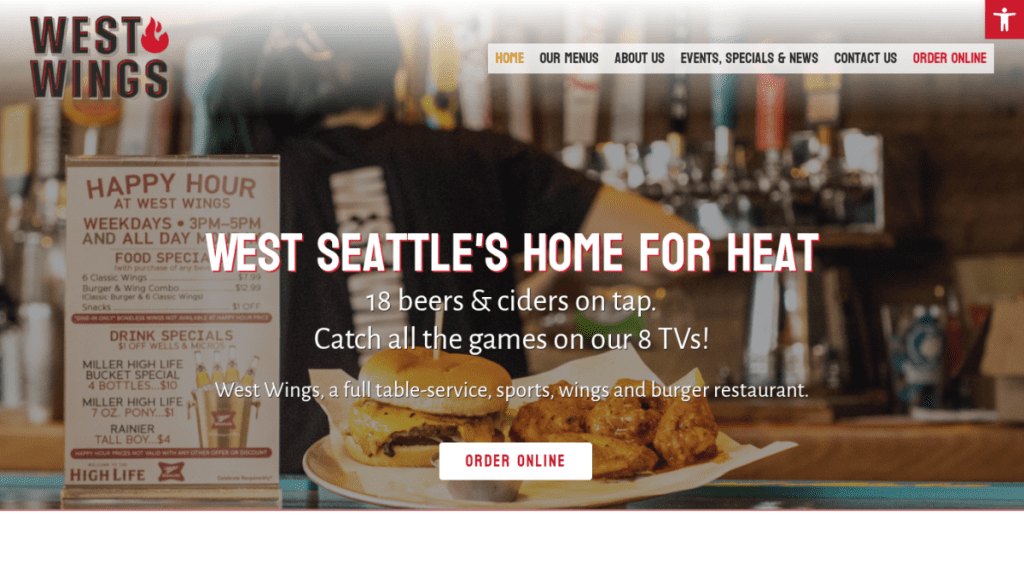 A restaurant bar counter displaying beer and food, with a sign promoting happy hour deals, text advertising West Wings in West Seattle, and a mention of their Web Design Portfolio.