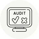 Line drawing of a computer monitor displaying the word "AUDIT" above a check mark and an X mark, symbolizing audit results or review decisions for a website redesign.