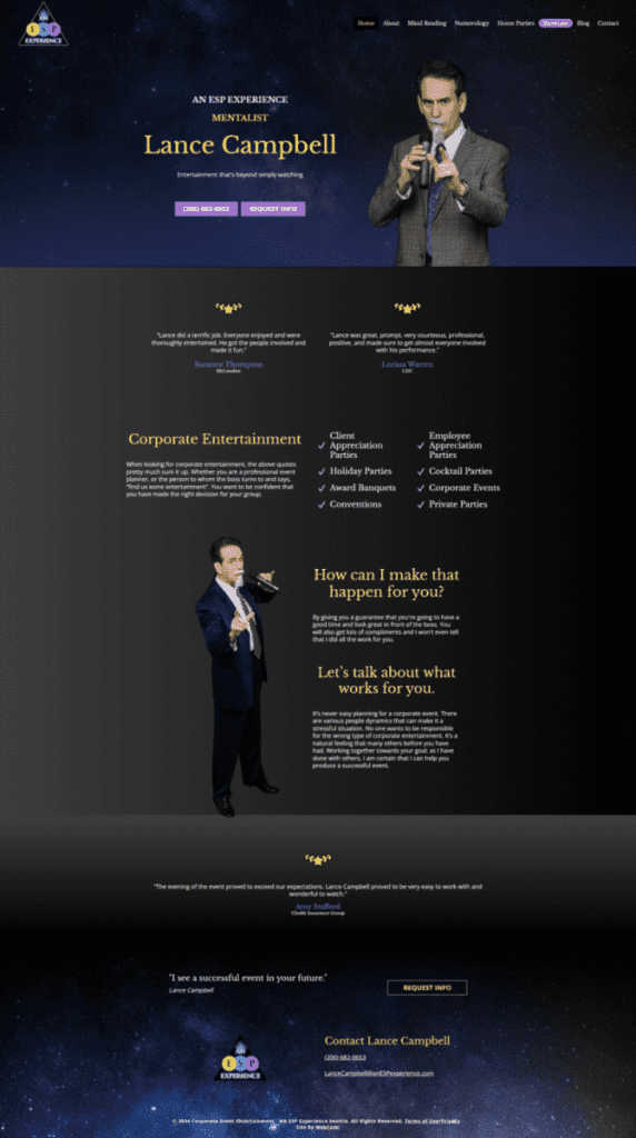 Screenshot from a Web Design Portfolio featuring mentalist Lance Campbell’s website, with his photo, corporate entertainment services, client testimonials, and contact information set against a dark starry background.