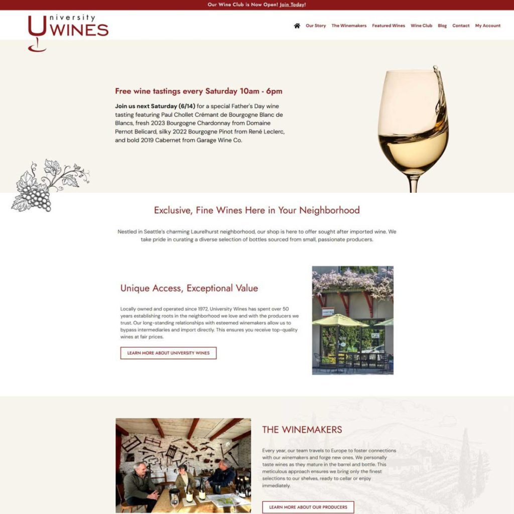 Screenshot of the University Wines website from our Web Design Portfolio, featuring info about free Saturday wine tastings, fine wine offerings, unique access, and an introduction to the winemakers.