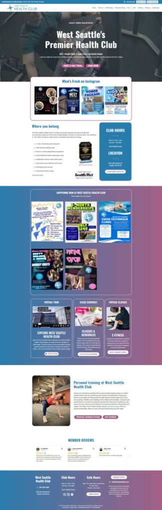 Screenshot from a Web Design Portfolio showcasing a health club website with club hours, location, Instagram feed, class schedules, virtual classes, personal training info, and member reviews on a crisp white and blue layout.