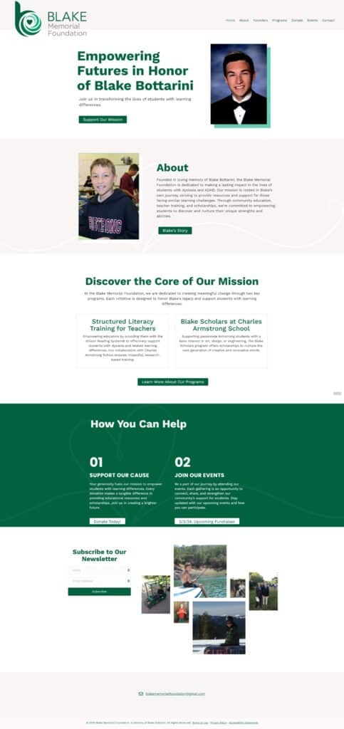 Screenshot of the Blake Bottarini Foundation website homepage, featured in a Web Design Portfolio, showcasing the foundation’s mission, ways to help, and photos of Blake Bottarini and related activities.
