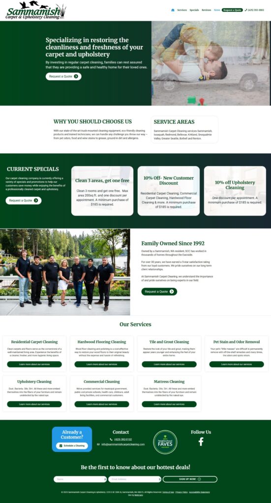 Screenshot from a Web Design Portfolio showcasing a carpet and upholstery cleaning service website, with service details, customer specials, company history, team photo, and contact options on a green and white themed layout.